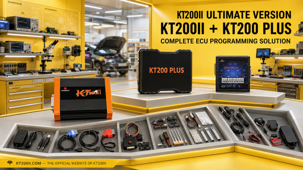 KT200II Bench ECU programming with regulated power supply voltage and current monitoring