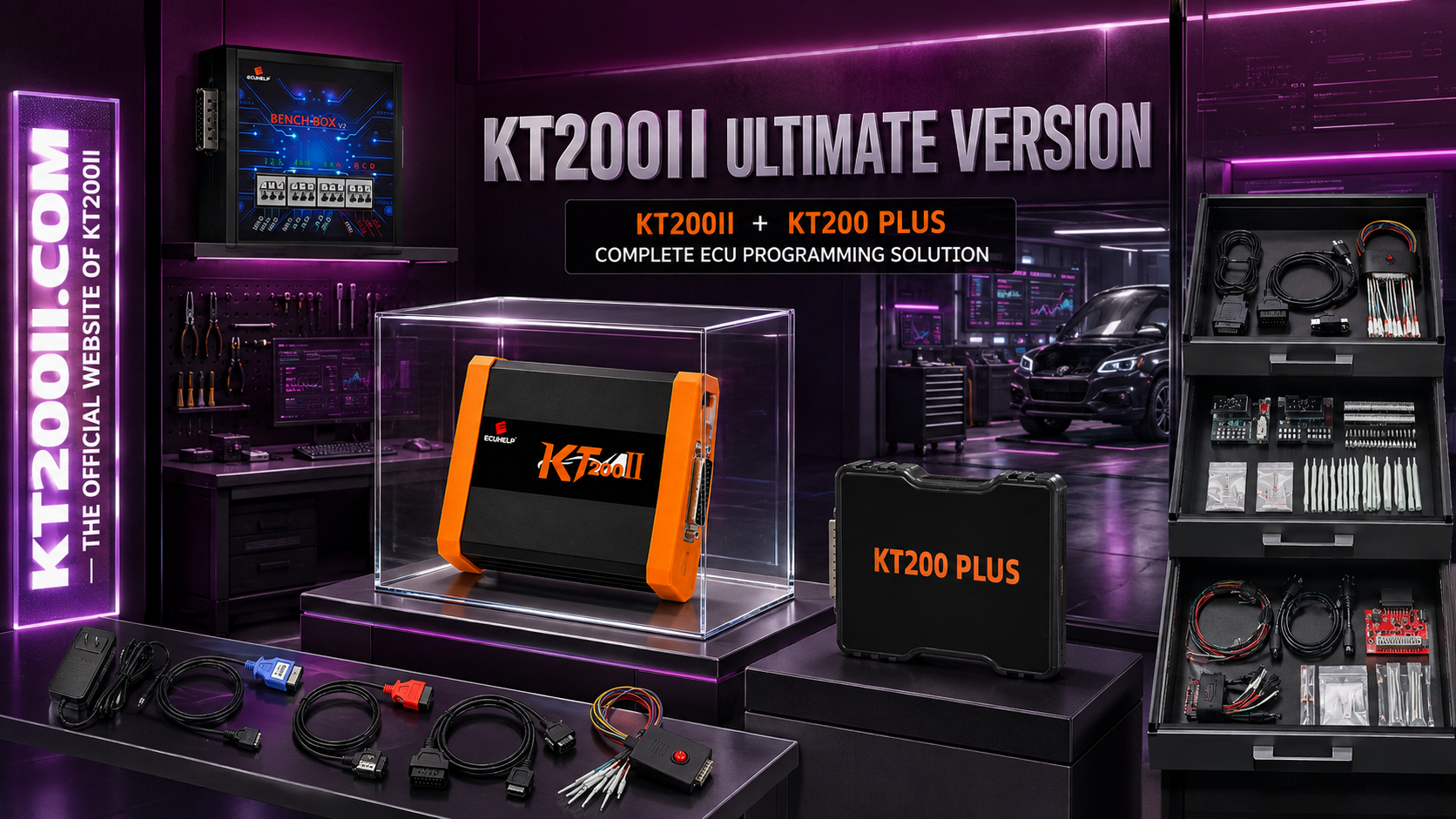 KT200II software installation dashboard showing online and offline setup checks in an ECU repair workshop