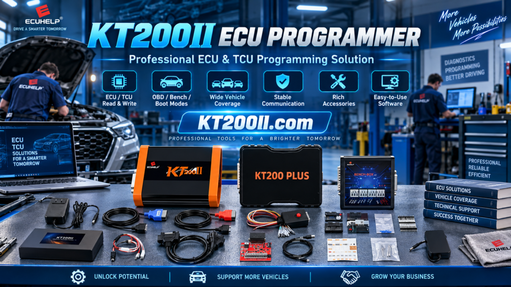 Technician preparing ECU cloning workflow with original ECU replacement ECU backup files and KT200II programmer