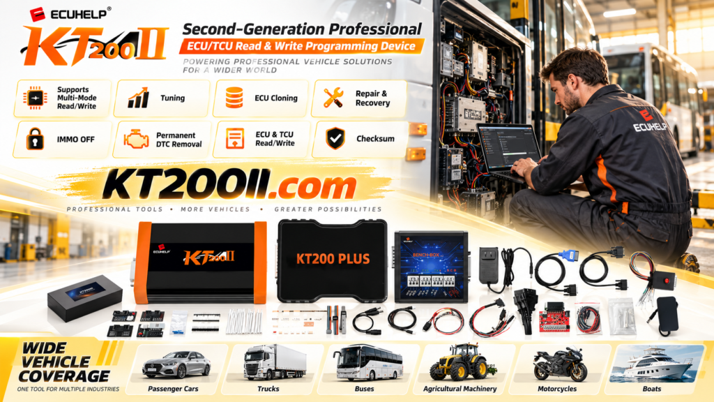 ECU programming bench changeover checklist with KT200II programmer, adapters, labeled ECU cables, and diagnostic laptop