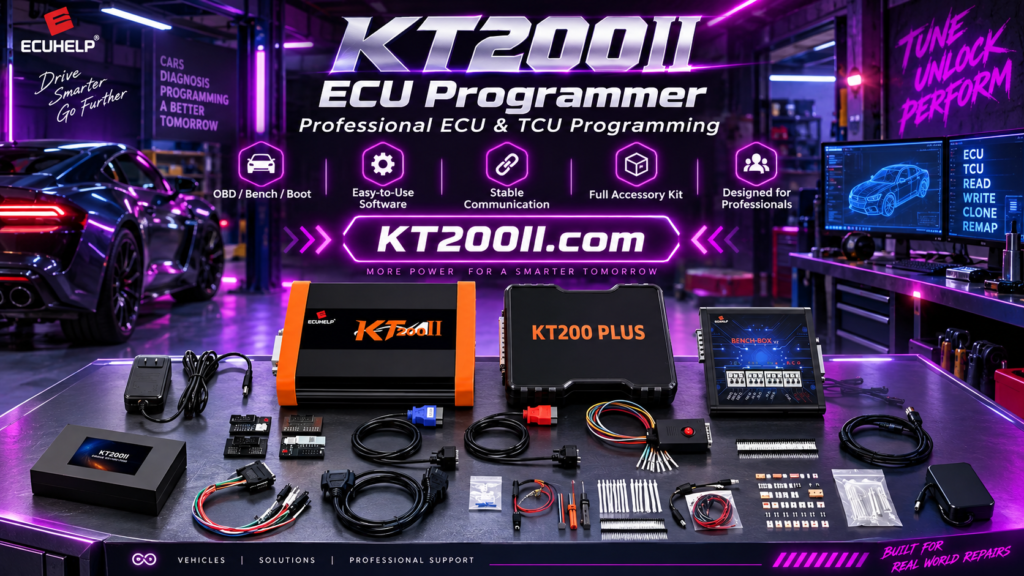 Technician recording ECU programming workflow with vehicle information backup files and KT200II programmer in professional workshop