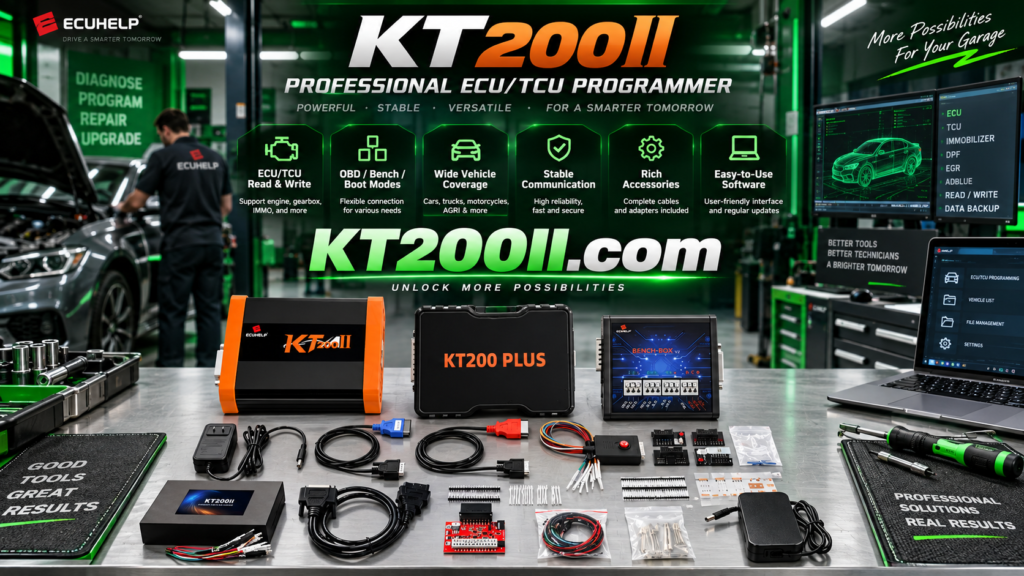Professional ECU programming laptop connected to KT200II with stable USB and power settings