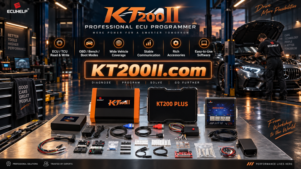 ECU programming preparation checklist with KT200II programmer laptop ECU label and workshop tools before first connection