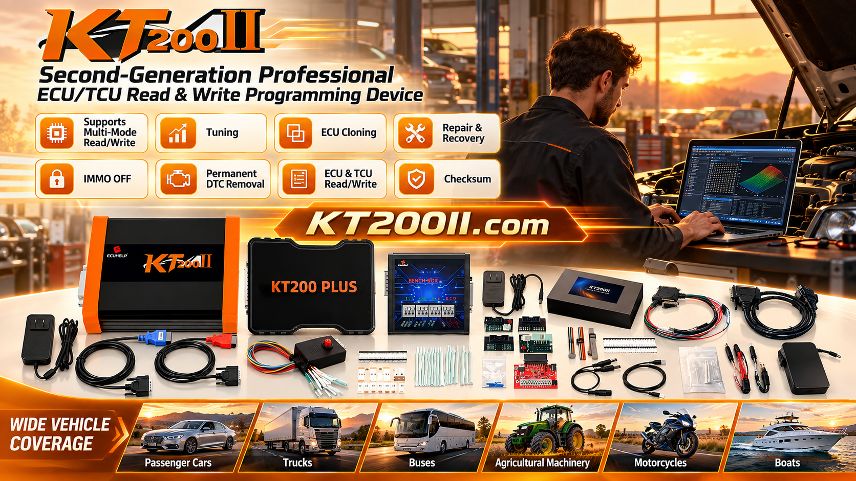 Technician checking ECU programming cables, adapters, power supplies, and workshop consumables on an organized inventory board
