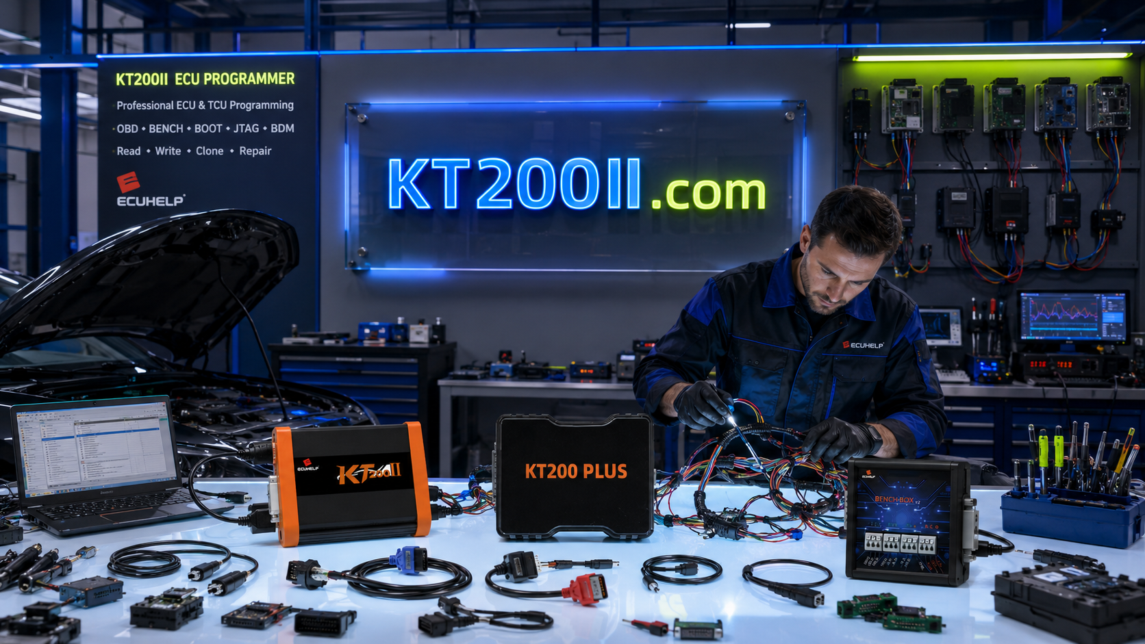 KT200II Bosch MG1CS201 ECU programming with OBD and Bench mode preparation, stable power, ECU identification and validated file