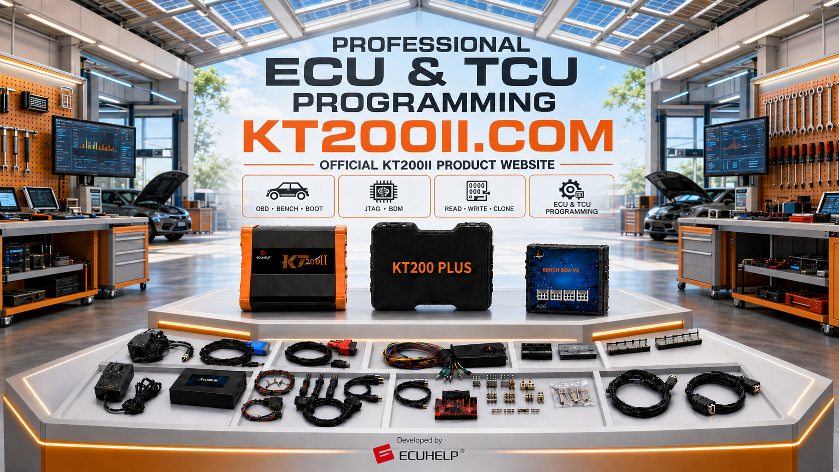 KT200II Bosch MD1CP002 ECU programming with OBD and Bench mode preparation, regulated power, ECU identification and original backup