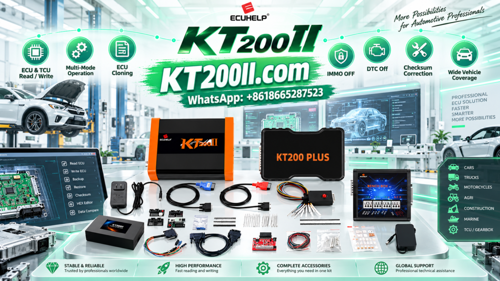 Automotive ECU programming workstation showing ECU identification data and a virtual read file beside a physical ECU connected to a programming tool