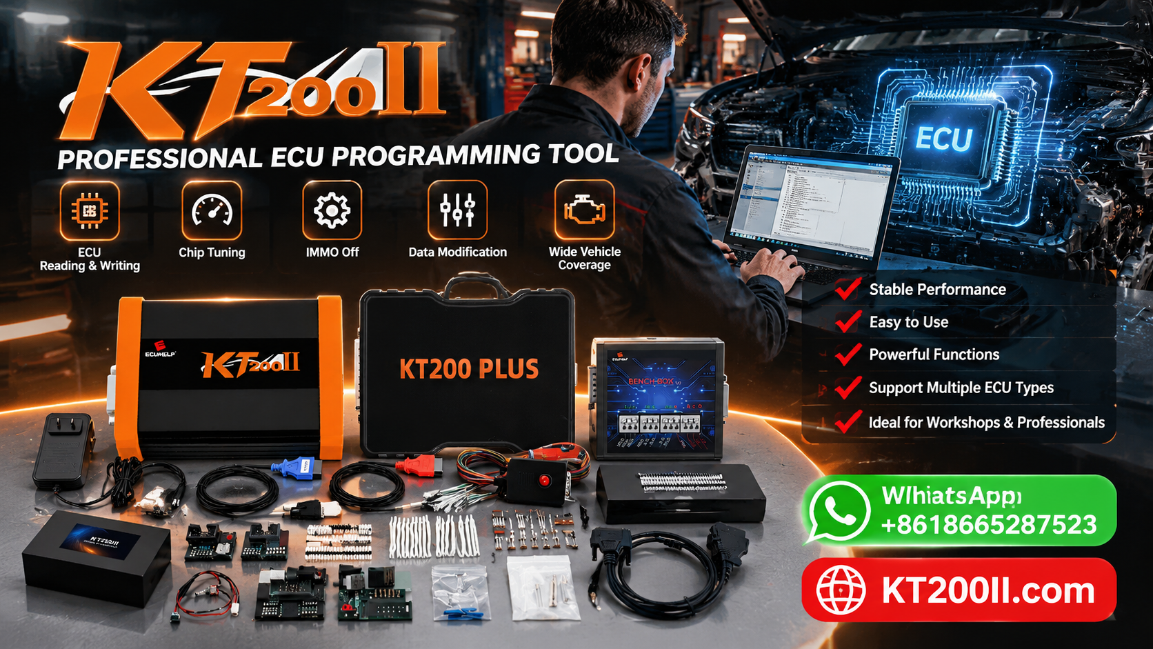 Automotive ECU firmware update and calibration analysis workstation with an engine control unit, programming interface and laptop displaying software and calibration data