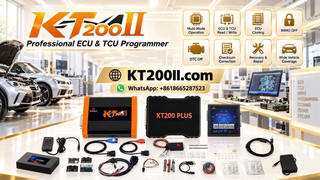 Automotive ECU bench programming setup with an engine control unit connected to professional programming equipment and diagnostic cables