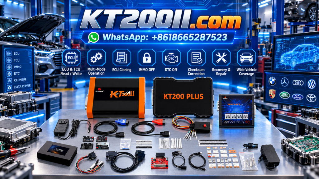Automotive ECU programming workstation showing an engine control unit connected to a diagnostic laptop through OBD and bench programming interfaces