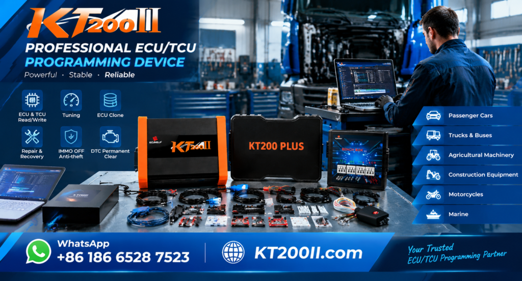 Professional ECU programming workstation with an engine control unit, programming interface and laptop displaying firmware data and checksum verification results
