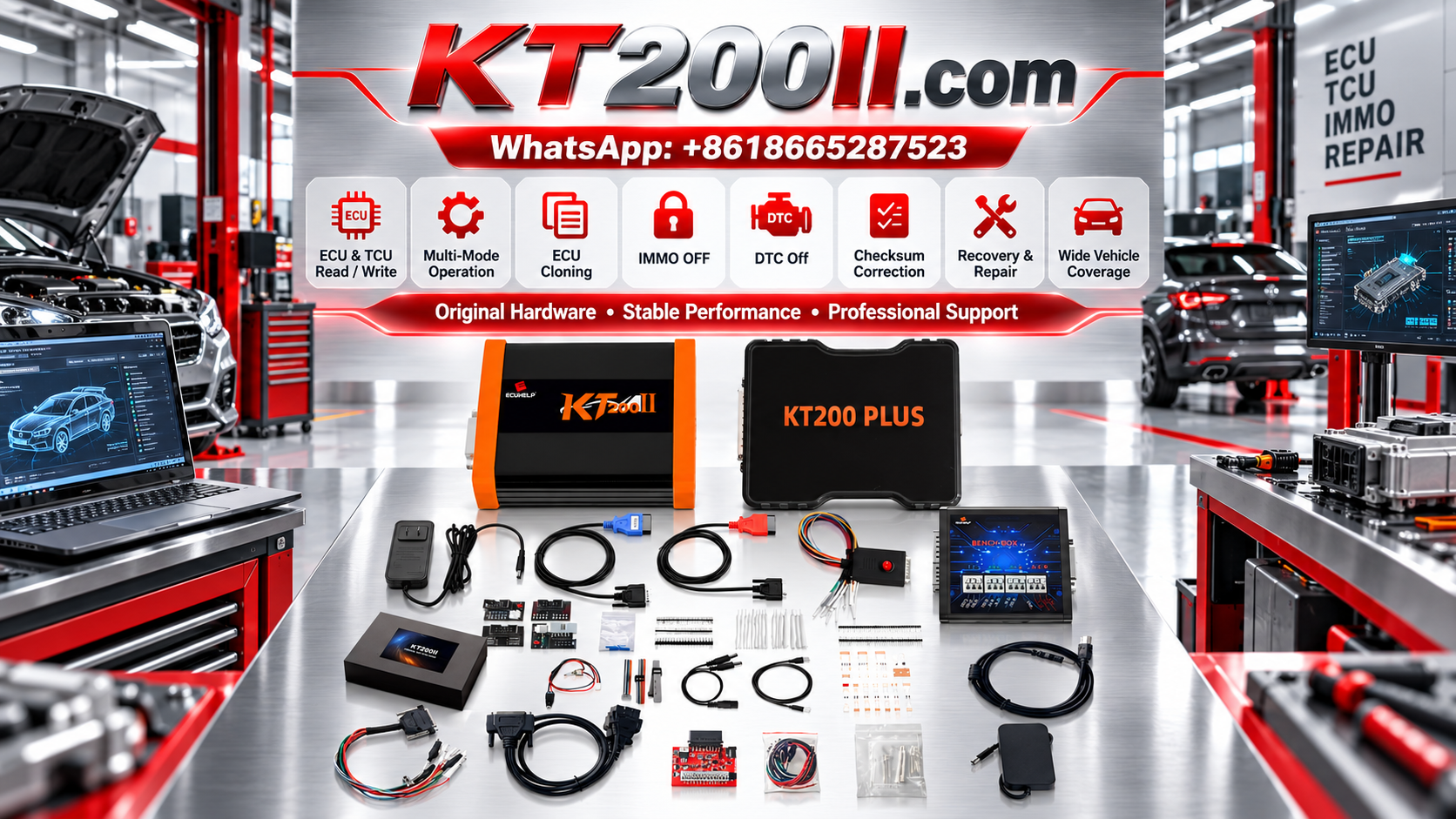 Automotive ECU circuit board connected to a professional programming workstation for checksum verification and calibration data integrity testing