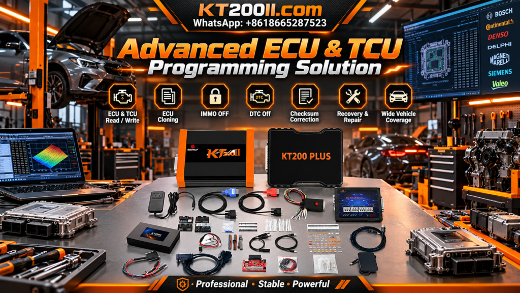 Automotive ECU cloning and replacement programming with original and donor engine control units on a professional electronics workbench