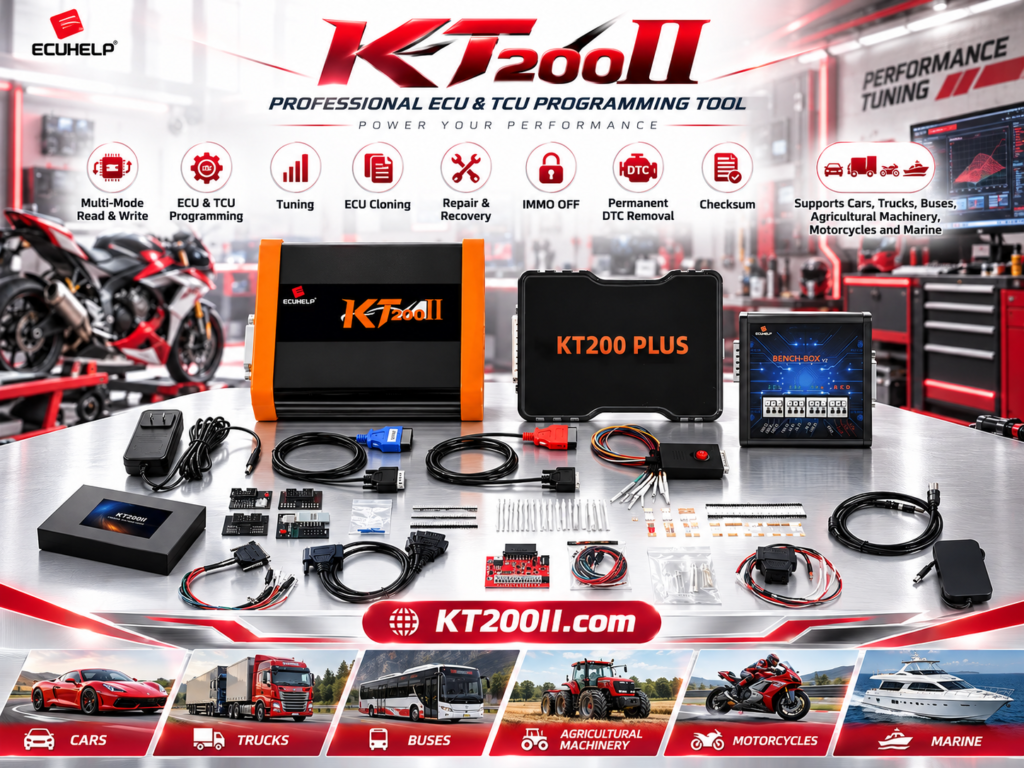 Technician organizing spare ECU programming cables, adapters, fuses, and connector supplies in an automotive workshop