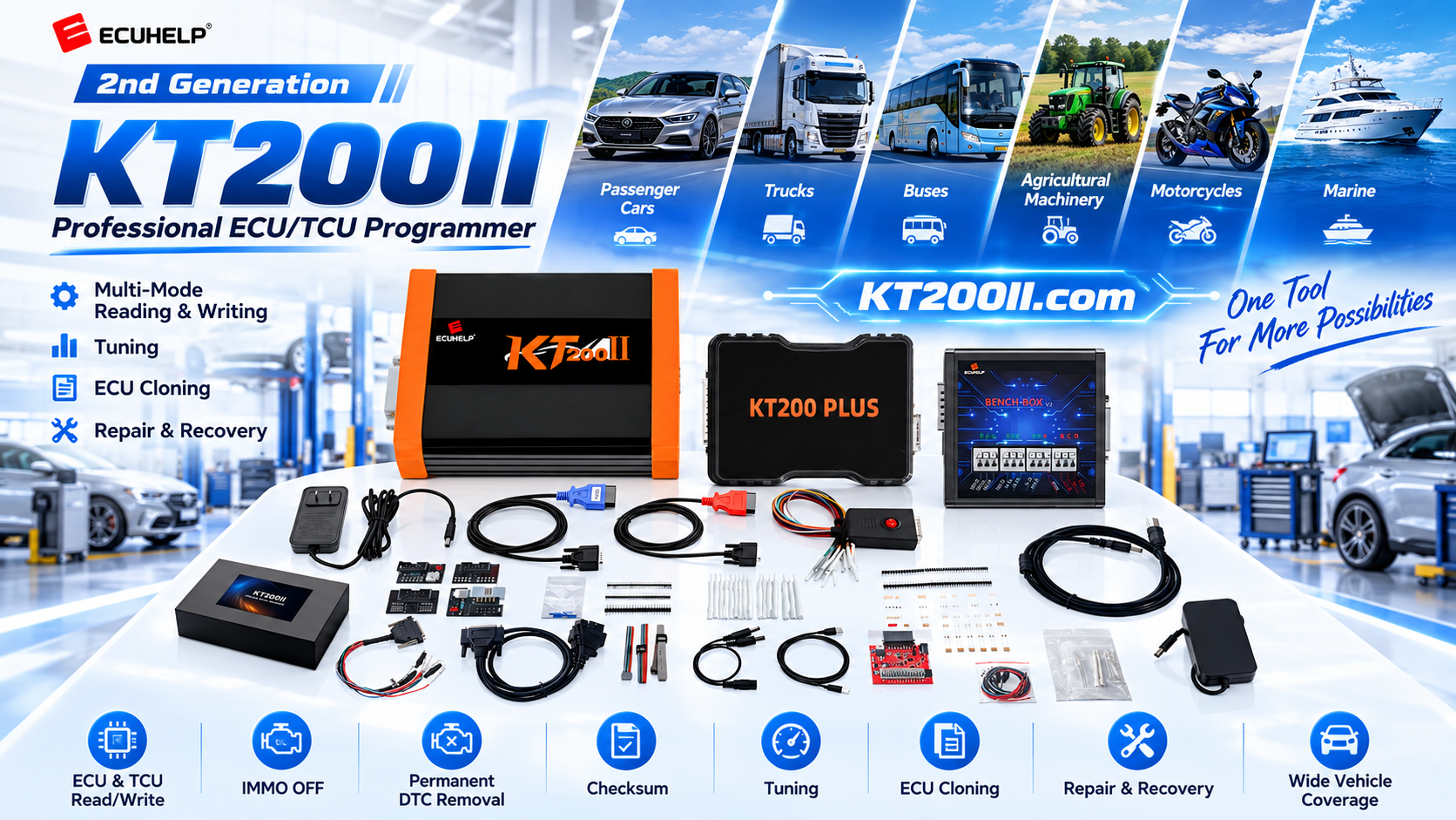 Technician labeling ECU programming harnesses and connectors on an organized automotive electronics workbench