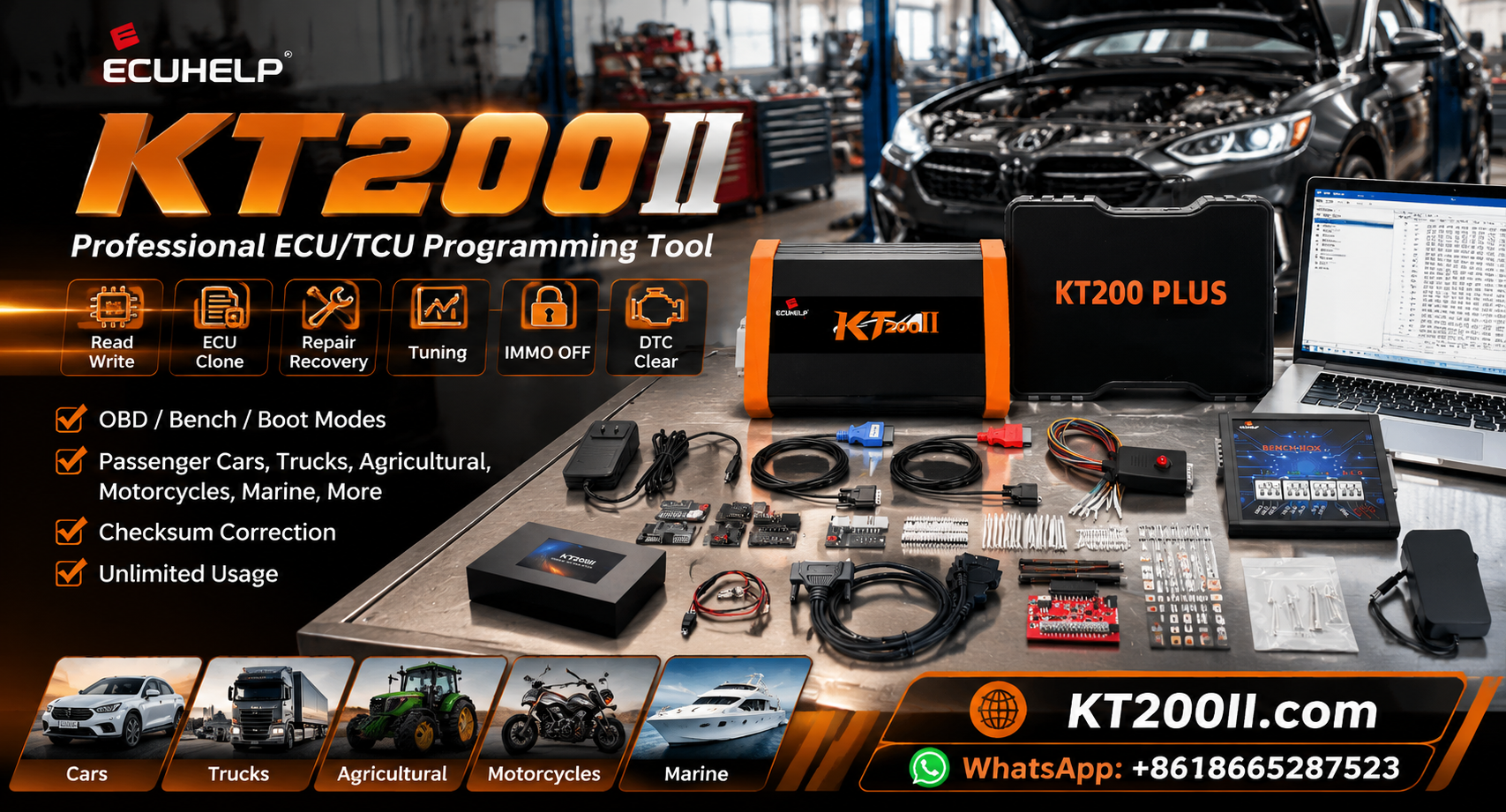 Automotive ECU programming workstation with an engine control unit, stable power supply, programming cables and laptop displaying a programming progress screen