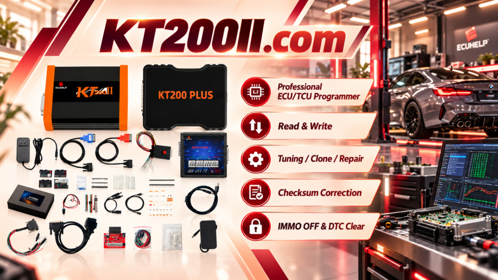 Technician checking vehicle battery support equipment before an OBD ECU programming operation