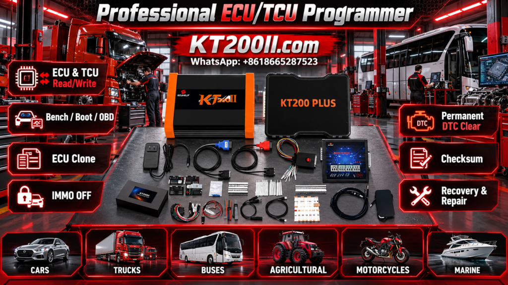 Automotive ECU software identification screen showing hardware numbers, software versions and calibration references beside an engine control unit on a professional programming workbench