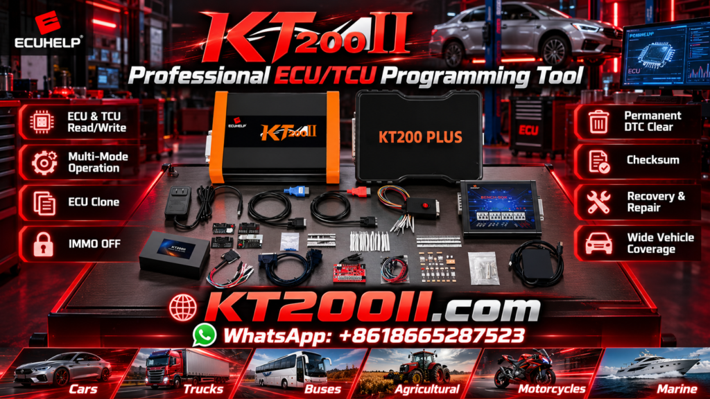 Automotive ECU programmer reading an engine control unit while a laptop displays ECU identification, virtual read data and binary file information