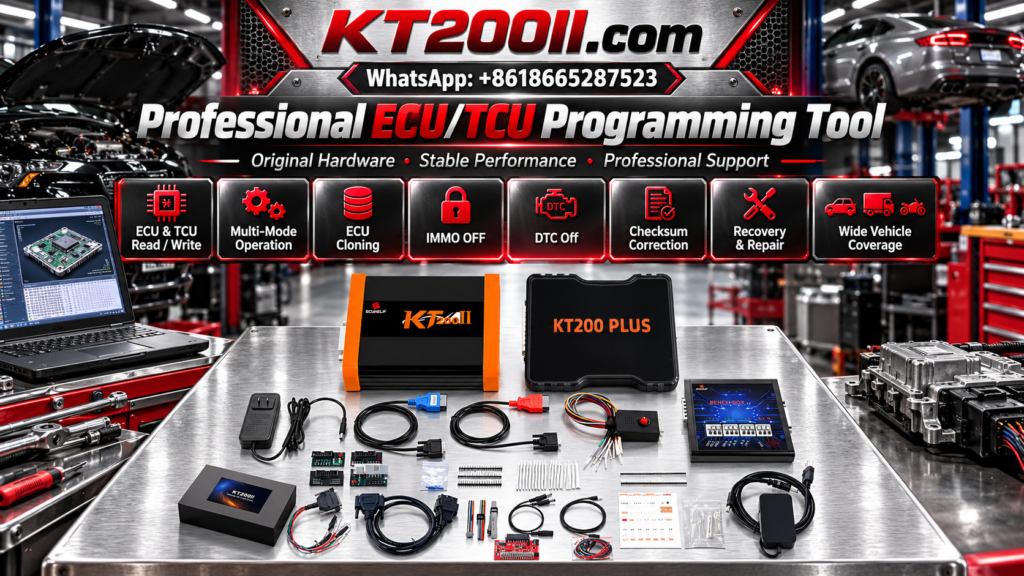 Automotive transmission control unit TCU connected to a professional programming interface on an electronic repair workbench